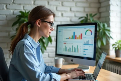 Entrepreneur féminine analysant un tableau de bord marketing digital sur ordinateur portable dans un bureau moderne pour optimiser la visibilité en ligne de son entreprise à moindre coût