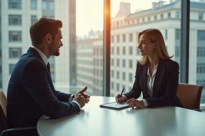 Scène d'entretien d'embauche avec deux professionnels en réunion
