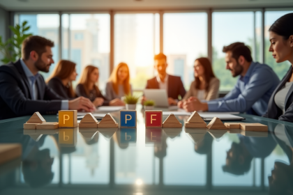 Groupe d'affaires autour de blocs colorés dans un bureau lumineux