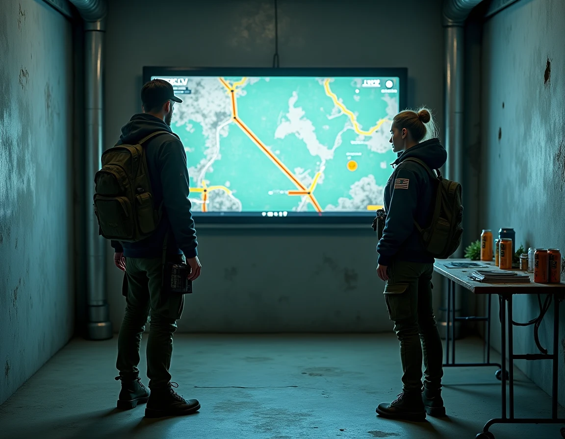 Deux joueurs d'Arc Raiders consultant un écran de carte tactique avec l'itinéraire optimal vers l'accès JKV dans un bunker