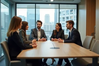 Groupe de professionnels en réunion dans un bureau moderne à Lille
