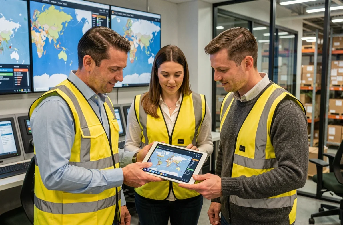 Équipe de professionnels en logistique analysant des données de distribution internationale sur tablette dans une salle de contrôle