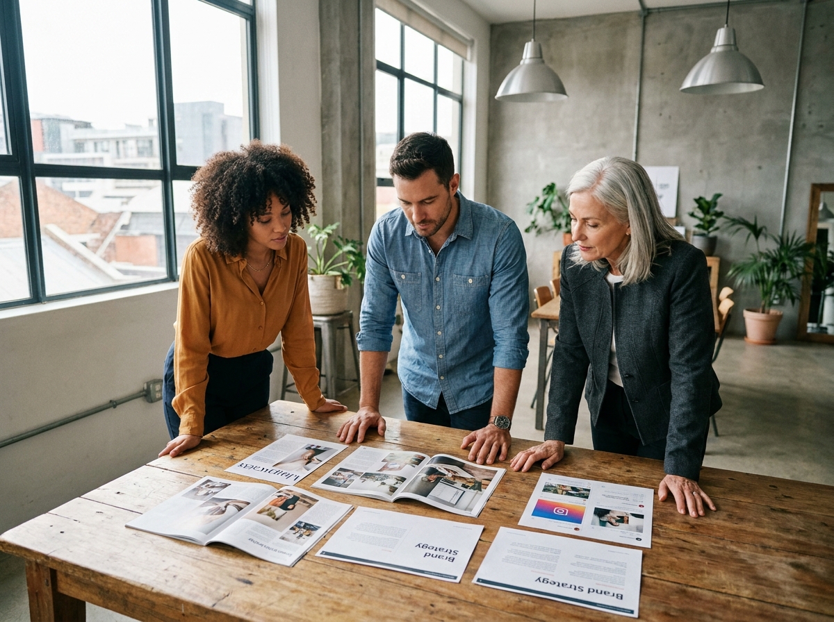 Équipe marketing pluridisciplinaire analysant des supports de campagne de marque imprimés lors d'une session de travail collaborative