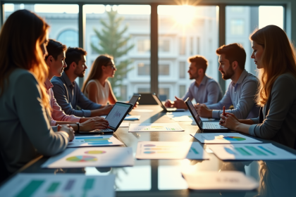 Groupe diversifié analysant des graphiques de performance