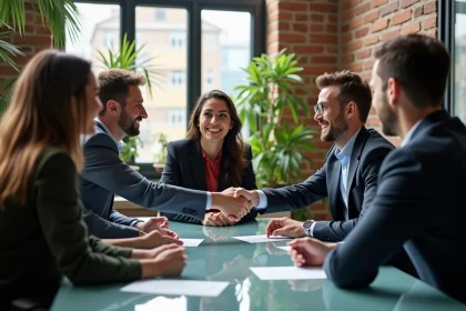 Groupe de professionnels en coworking échangeant des cartes de visite