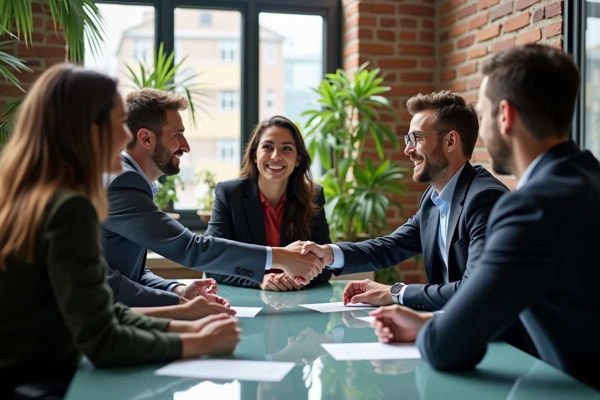 Groupe de professionnels en coworking échangeant des cartes de visite