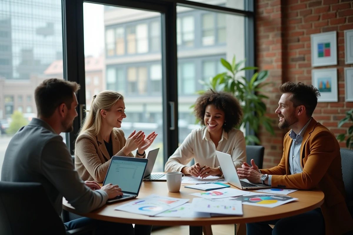 Groupe de trois professionnels en discussion dans un espace de coworking