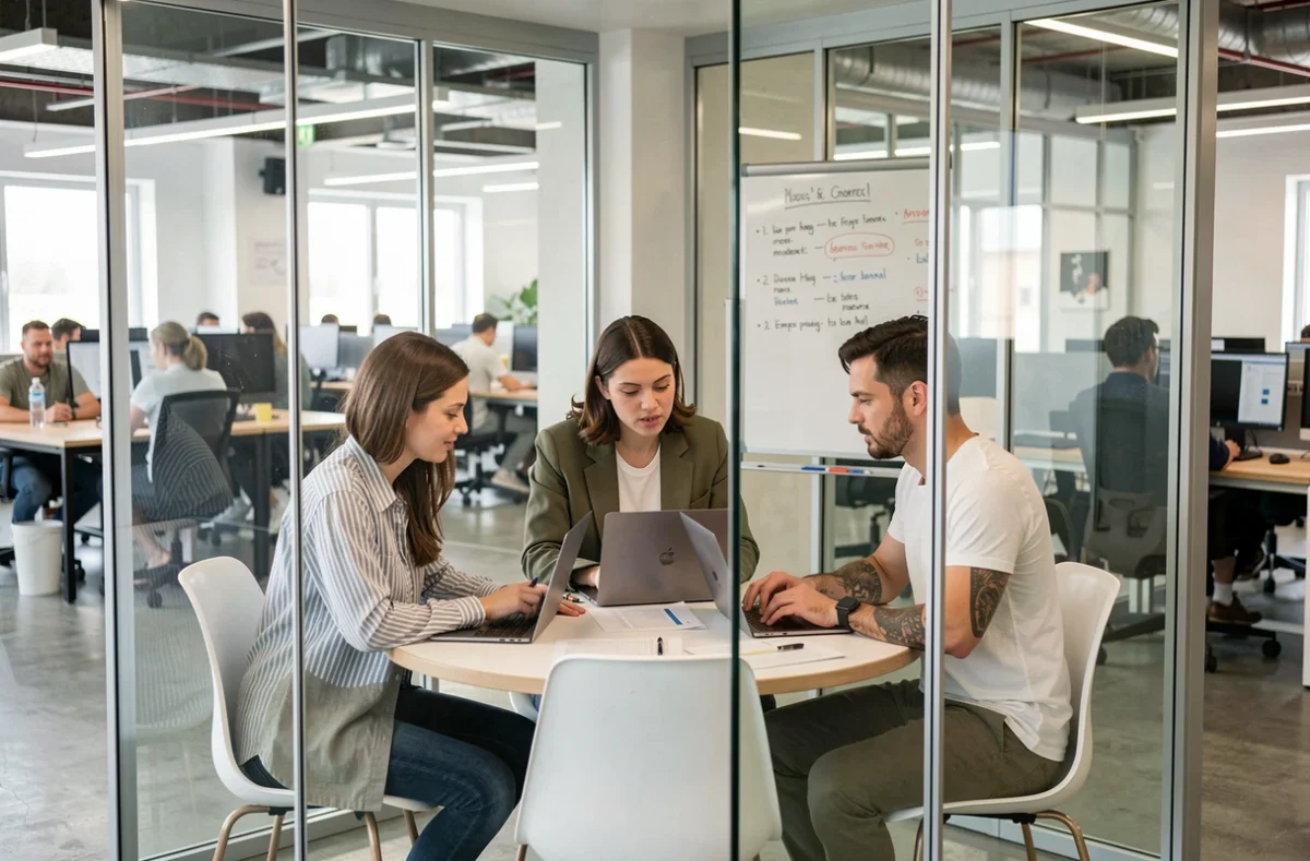 Équipe de professionnels en réunion dans une cabine vitrée d'un espace de coworking à Saint-Herblain