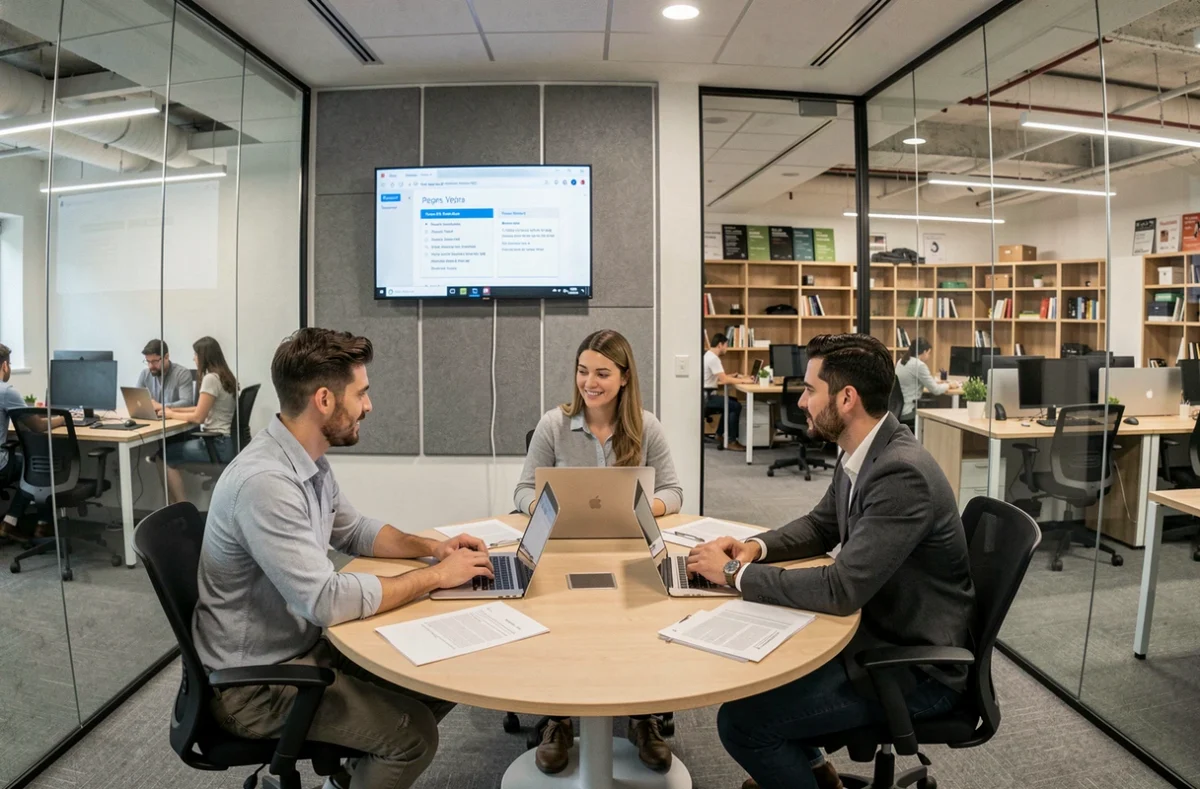Équipe en réunion dans une salle privatisée d'un espace de coworking avec services professionnels inclus