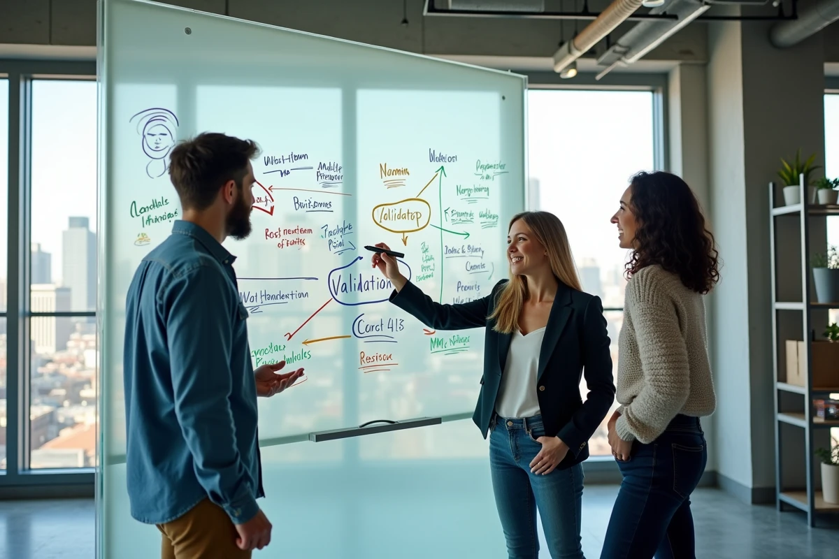 Équipe de jeunes entrepreneurs discutant d'une méthodologie de lancement de projet sur un tableau blanc dans un bureau startup
