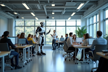 Groupe de collaborateurs dans un espace de travail moderne avec robots et IA