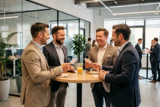 Professionnels échangeant des cartes de visite lors d'un événement networking B2B gratuit en espace de coworking