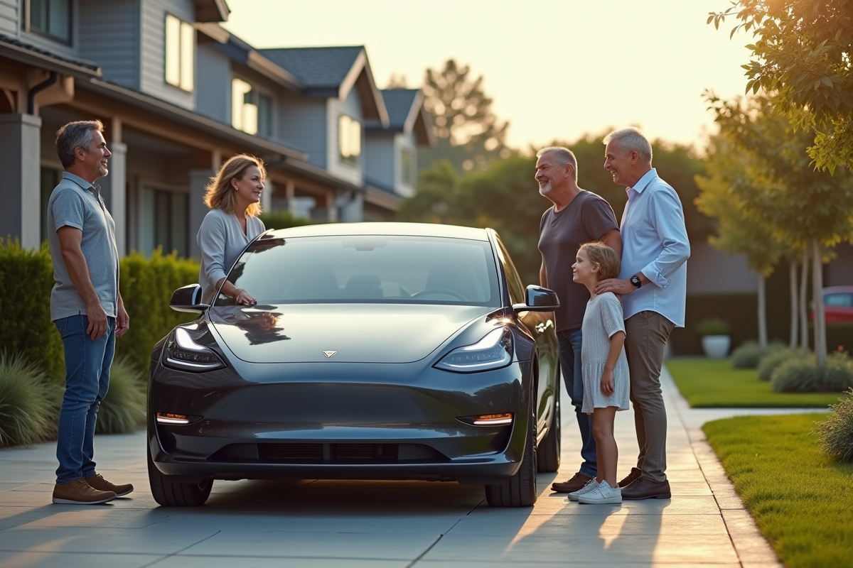 Famille devant une voiture électrique dans une allée de banlieue