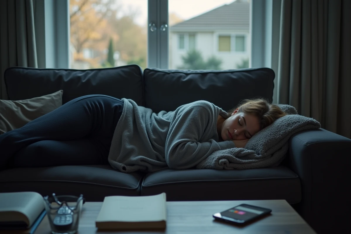 Femme épuisée dormant en journée sur son canapé après un poste de nuit en horaires 5x8, entourée de notifications sociales ignorées