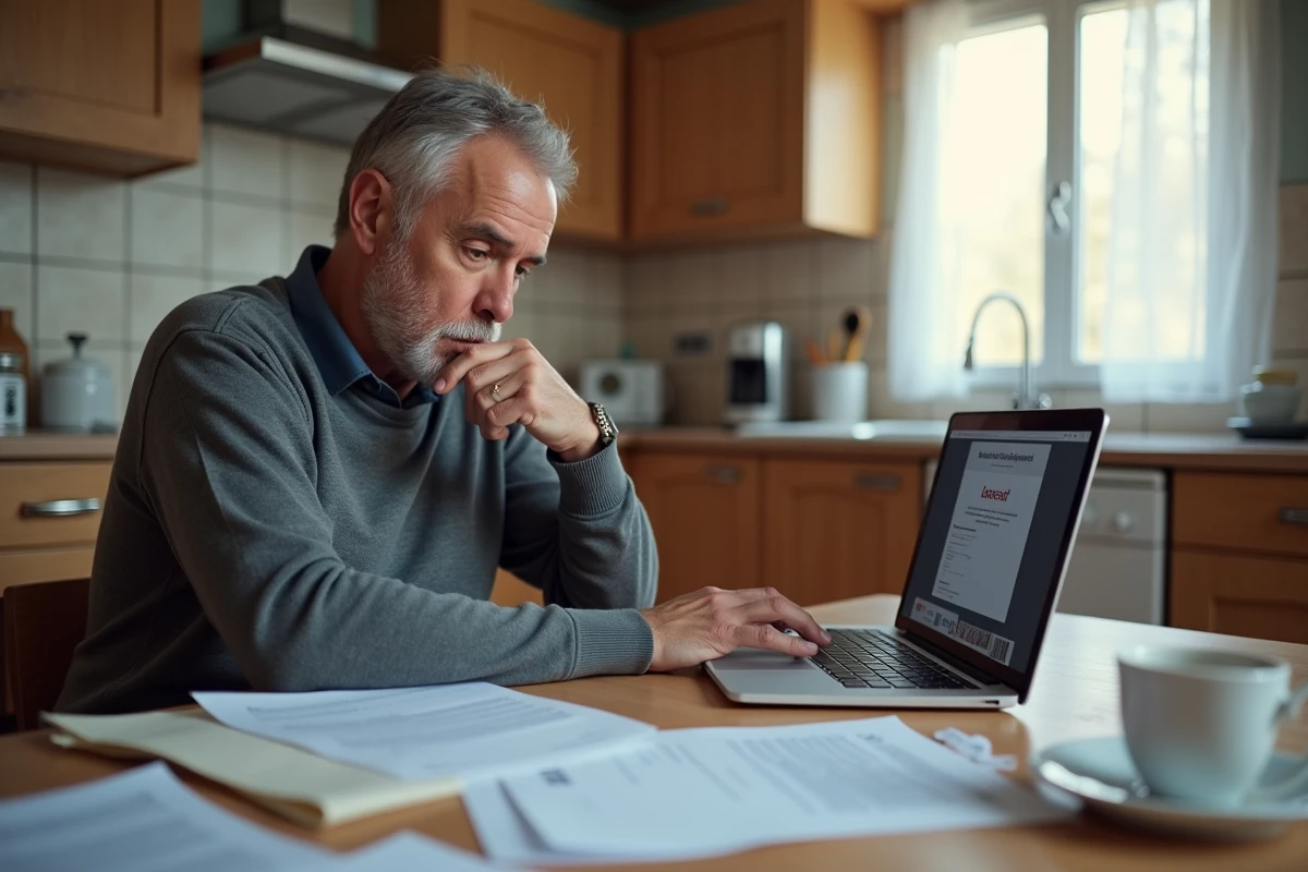 Homme à la maison consultant des documents de refus de chômage pour faute grave sur son ordinateur
