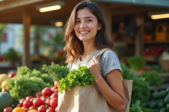 Femme souriante avec sac réutilisable de légumes frais