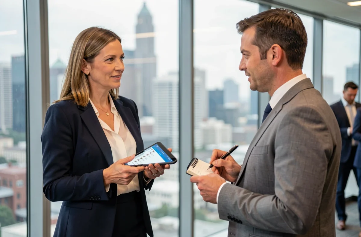 Femme d'affaires présentant ses contacts qualifiés sur tablette lors d'un événement B2B mon-cercle
