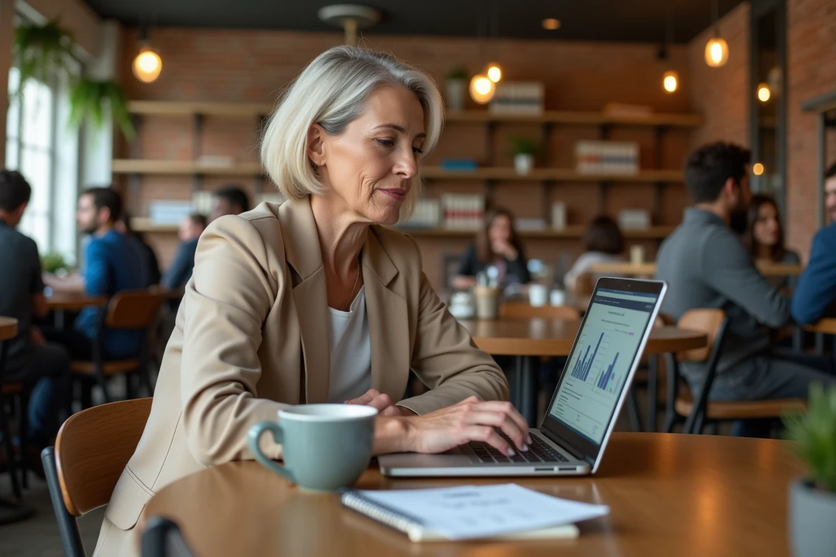 Femme d'affaires interprétant des données économiques territoriales sur un ordinateur portable dans un espace de coworking urbain