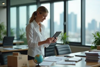 Femme d'affaires au bureau examinant des documents de livraison