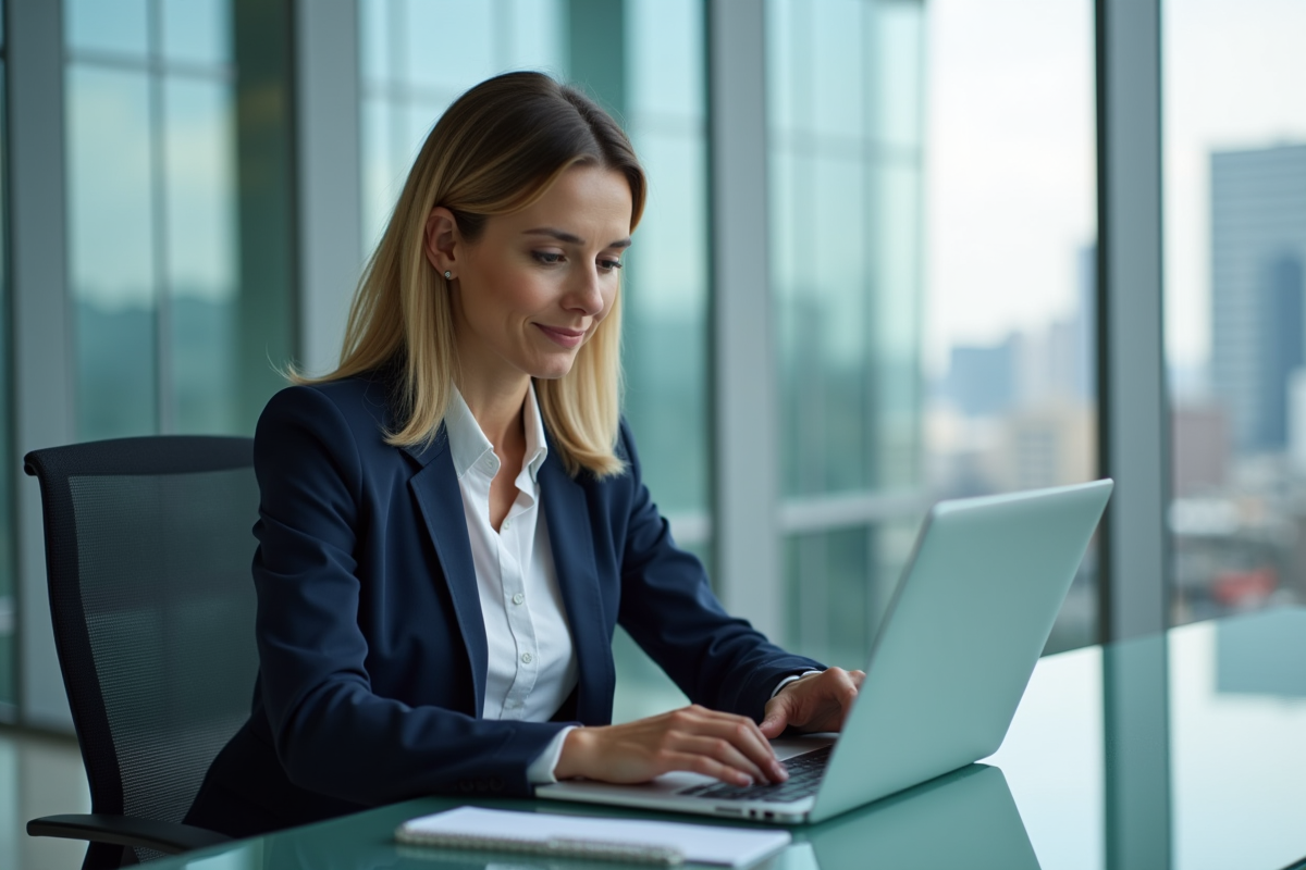 Femme d'affaires en blazer navy travaillant sur son ordinateur