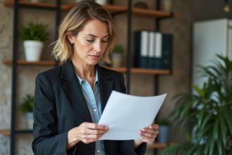 Femme d'affaires lisant un document officiel dans un bureau moderne