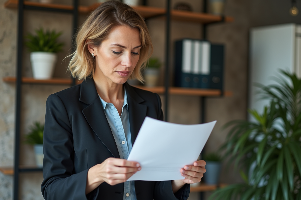 Femme d'affaires lisant un document officiel dans un bureau moderne