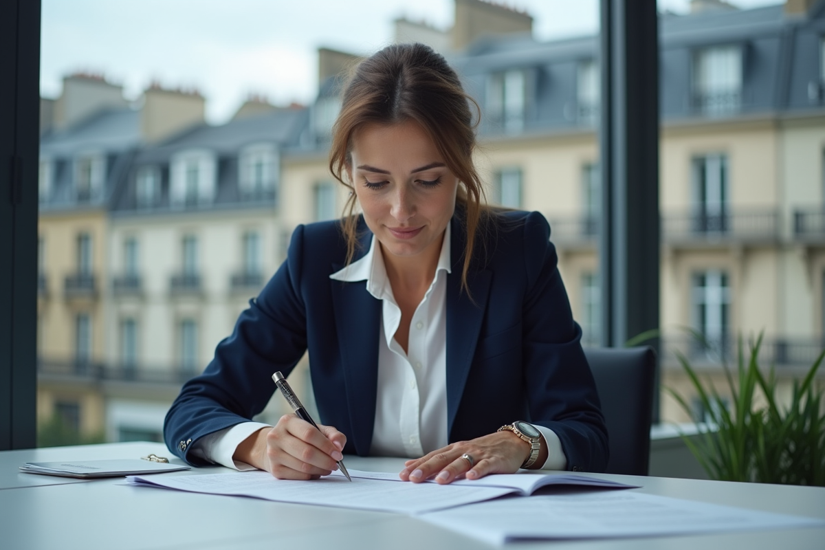 Femme d'affaires française en bureau avec documents