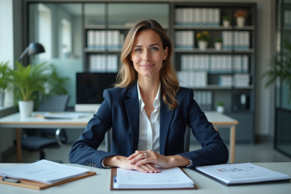 Femme d'affaires en costume navy dans un bureau moderne