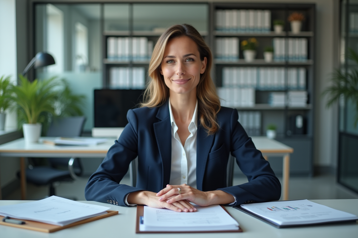 Femme d'affaires en costume navy dans un bureau moderne