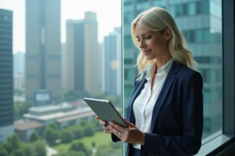 Femme d affaires en blazer regardant des graphiques sur une tablette