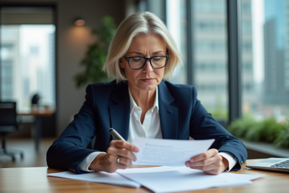 Femme d'âge mûr vérifiant un document officiel au bureau