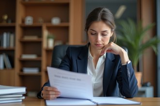 Femme professionnelle en bureau examinant une police d'assurance