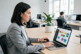 Femme professionnelle analysant un diagramme d'automatisation no-code sur son ordinateur portable dans un bureau moderne