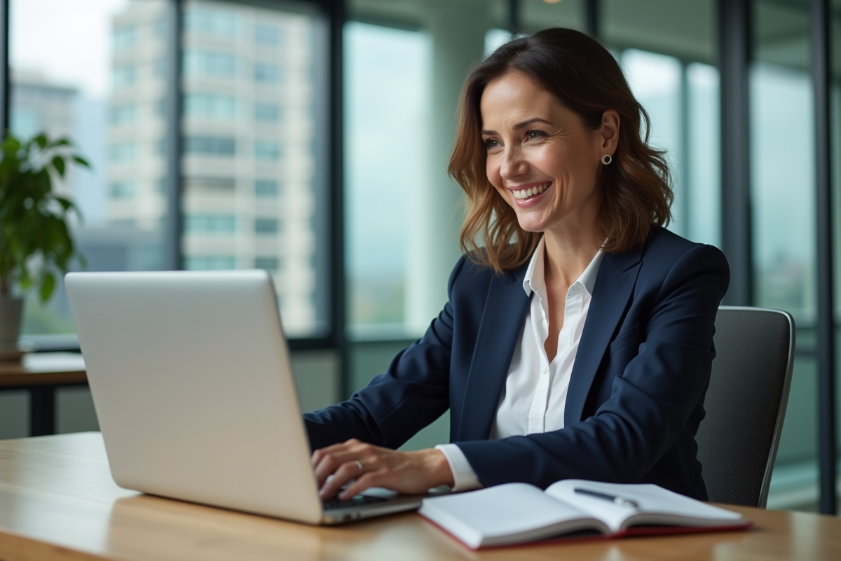 Femme souriante travaillant sur son ordinateur en bureau