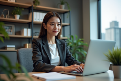 Femme professionnelle concentrée sur son ordinateur au bureau