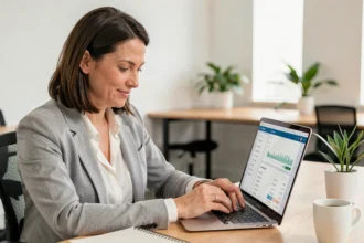 Femme professionnelle consultant ses bulletins de paie centralisés sur une plateforme en ligne depuis son bureau