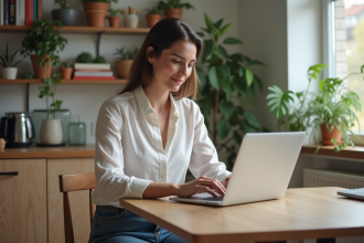 Femme assise à une table de cuisine moderne utilisant un ordinateur portable
