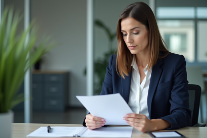 Femme en bureau examine un document avec concentration