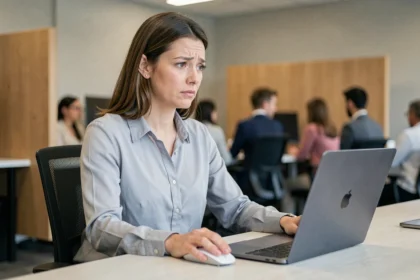 Femme au bureau regardant son écran d'ordinateur portable avec une expression perplexe, incapable d'accéder à sa fiche de paie en ligne sur My Arkevia