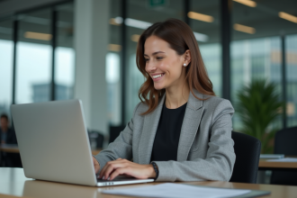 Femme professionnelle travaillant sur un ordinateur dans un bureau moderne