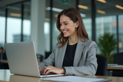 Femme professionnelle travaillant sur un ordinateur dans un bureau moderne