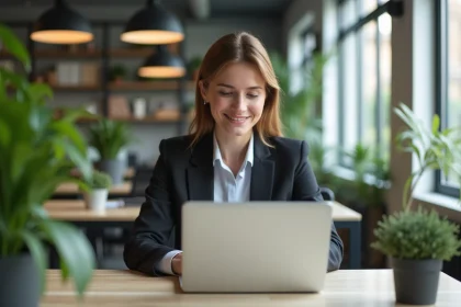 Jeune femme au bureau travaillant sur un ordinateur portable