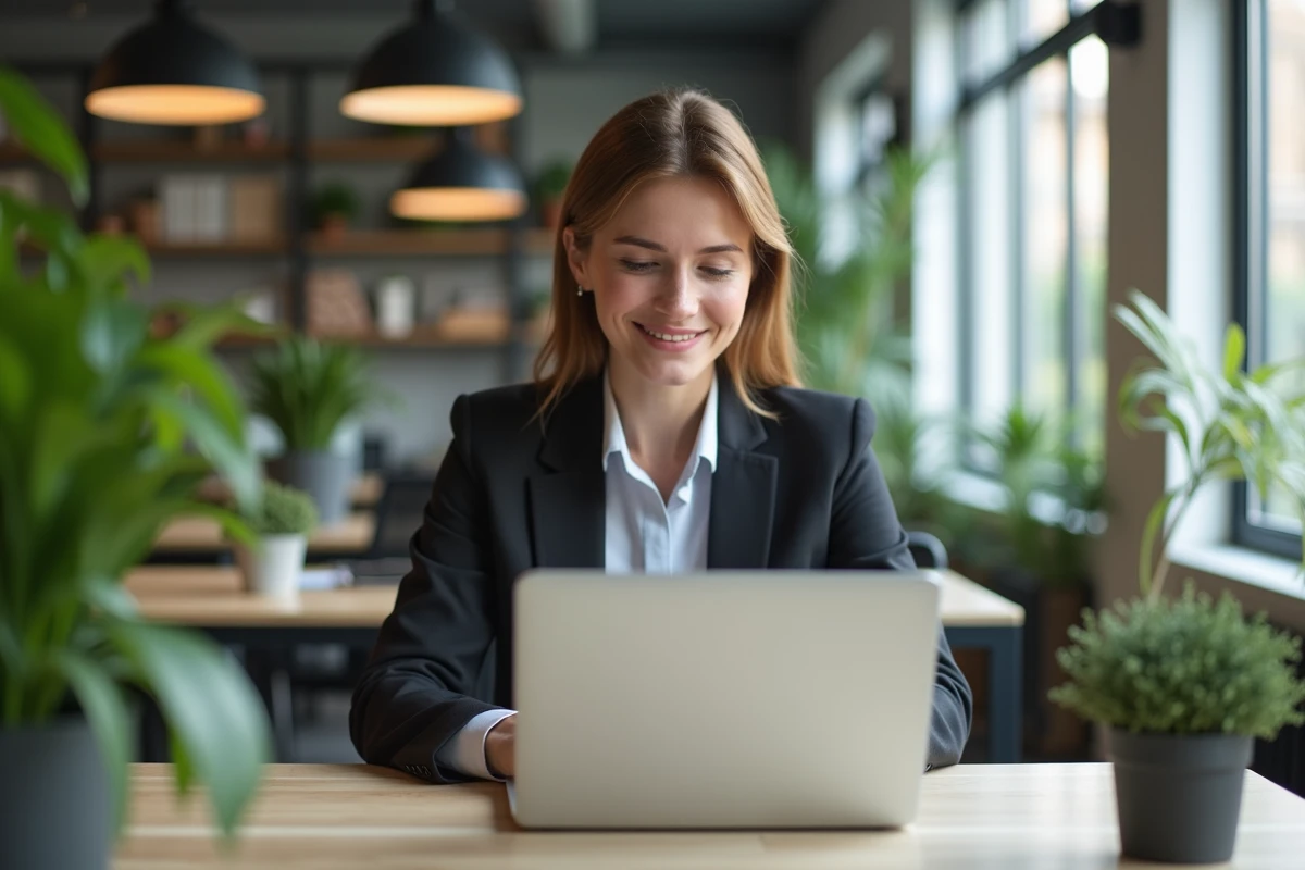 Jeune femme au bureau travaillant sur un ordinateur portable