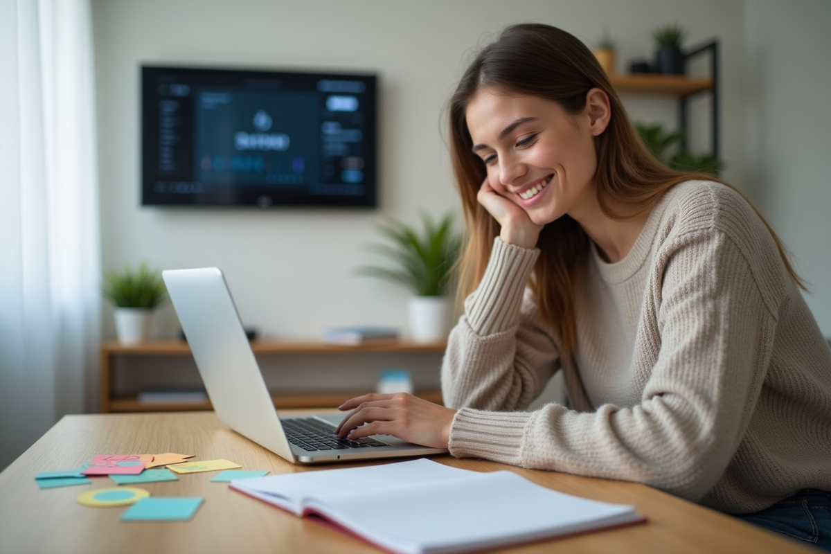Jeune femme utilisant un ordinateur dans un bureau lumineux