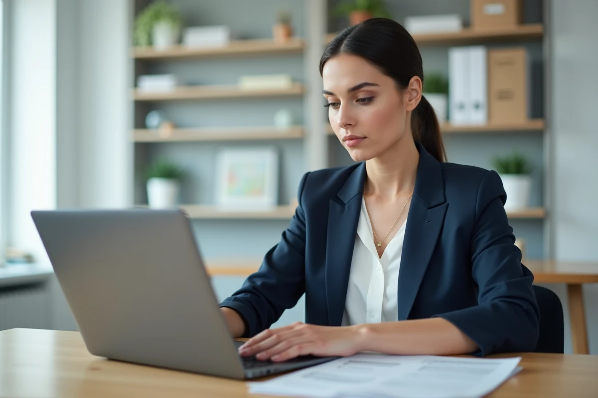 Femme professionnelle en bureau moderne avec ordinateur