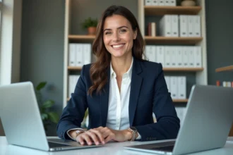 Femme d'affaires en bureau moderne travaillant sur son ordinateur
