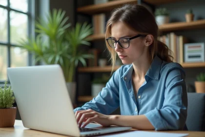 Femme en blouse bleue dans un bureau lumineux