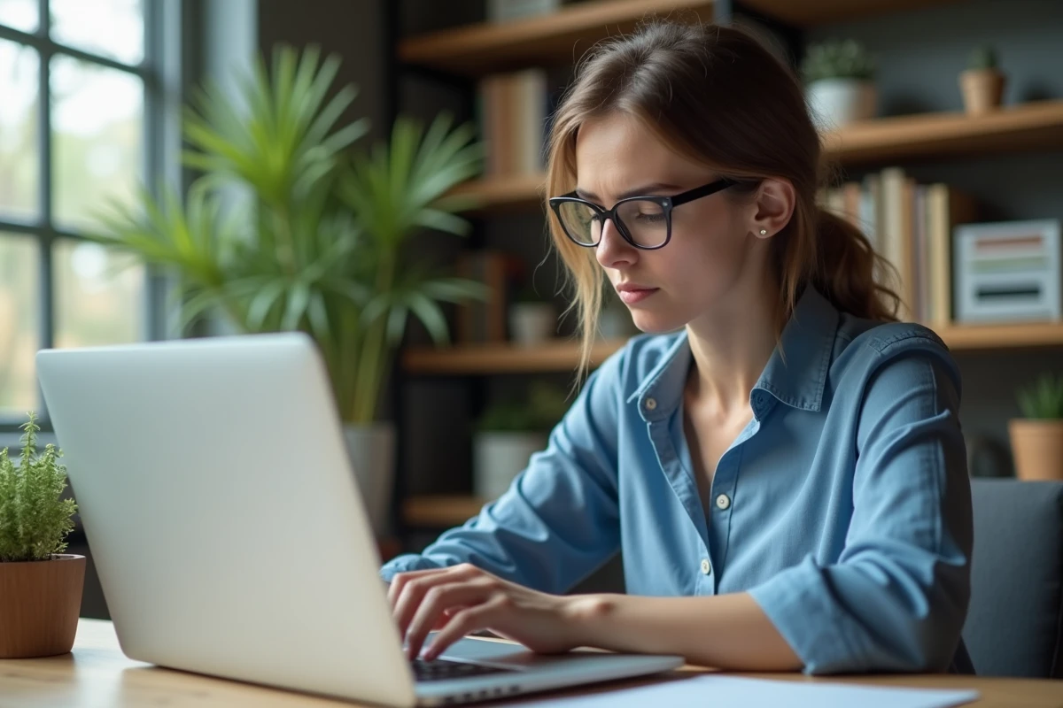 Femme en blouse bleue dans un bureau lumineux