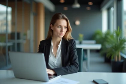Femme en bureau moderne naviguant sur un portail extranet