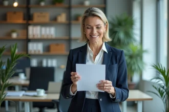 Femme en blazer dans un bureau moderne lisant un mémo